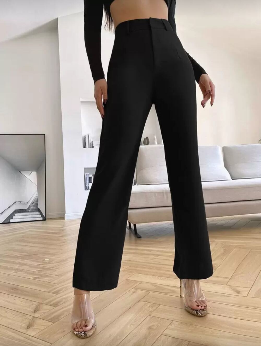 Shein Essnce Black High Rise Wide Leg Trousers Dress Pants Medium High Waist